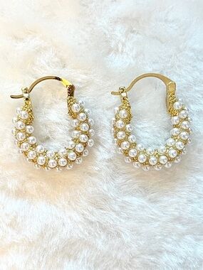 Large Seed Pearl and Gold Hoop Earrings - Gold Filled